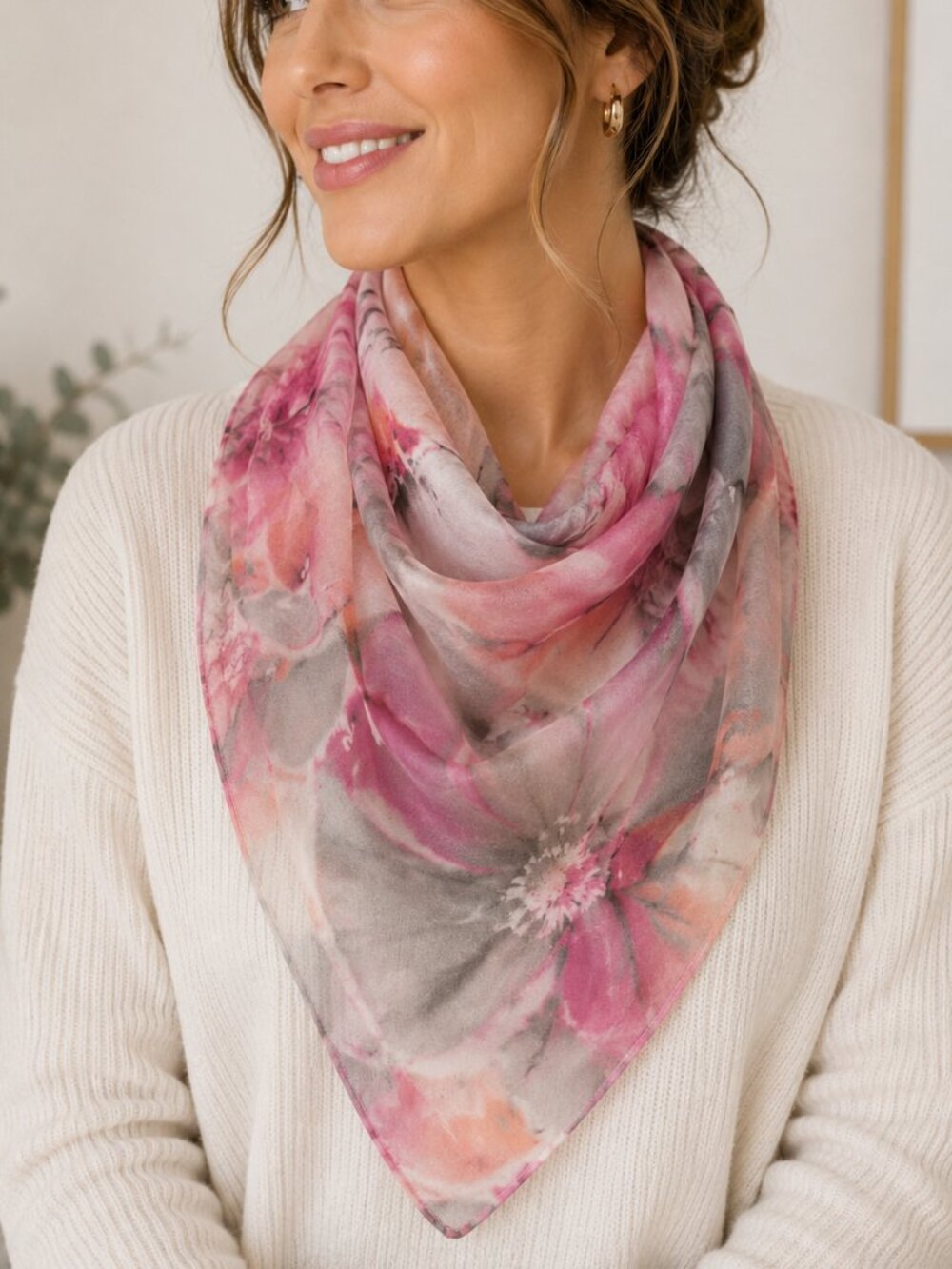Watercolor Floral Print Square Scarf Pink Gray Hand Rolled Lightweight Wrap